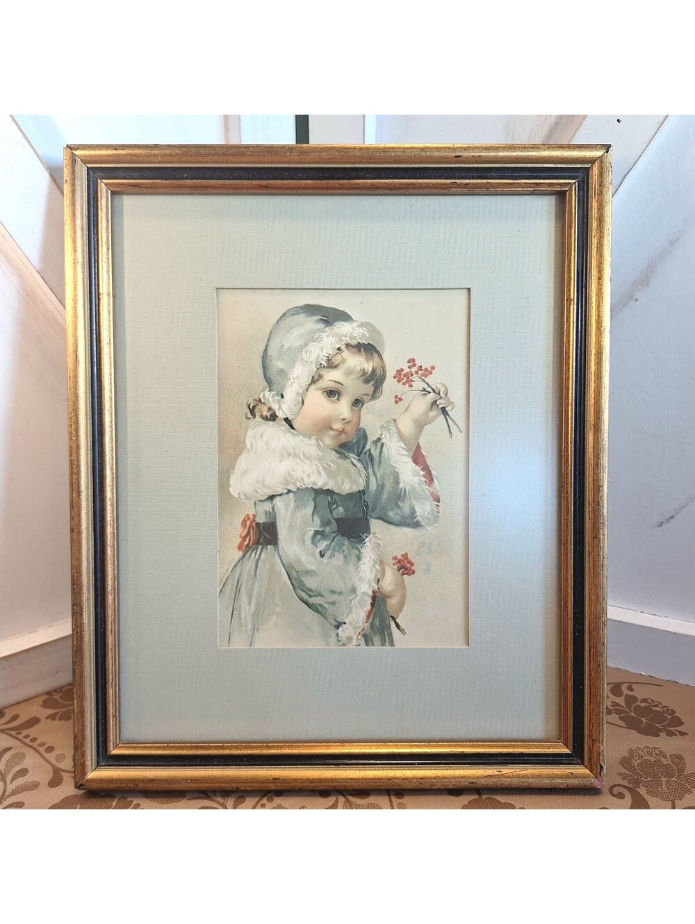 VTG Framed Victorian Christmas Print Little Girl Holding Berries 8.5"X10"